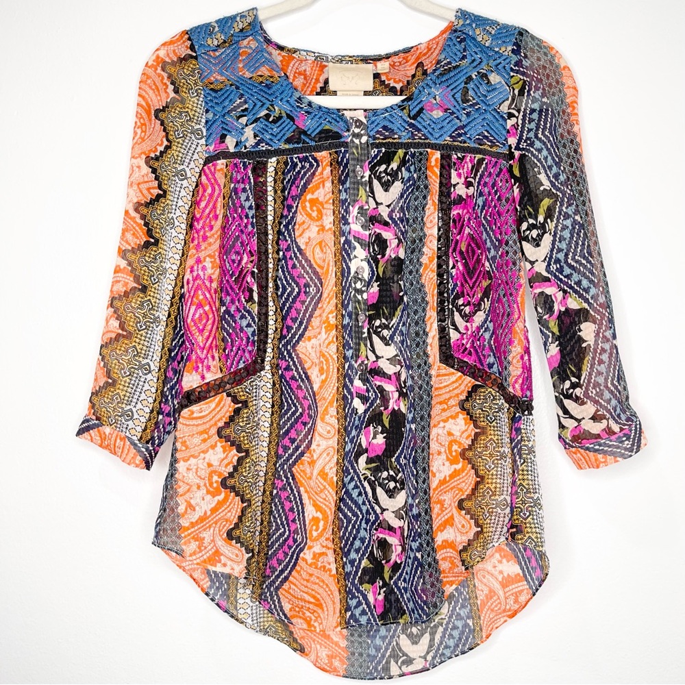 Anthropologie Vanessa Virginia Embroidered Printed Blouse Size 0